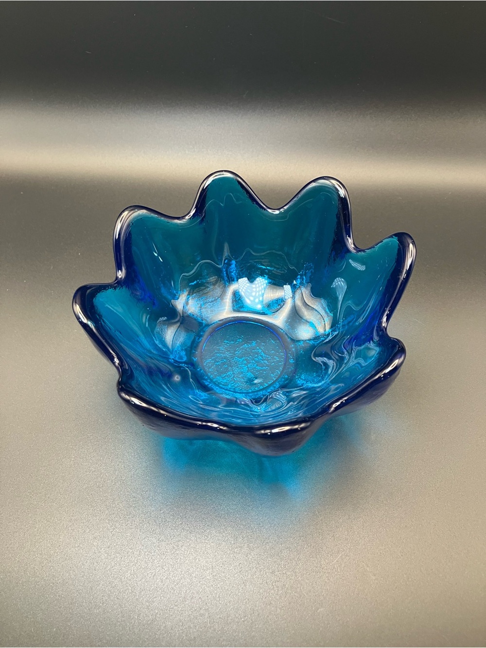 Blenko Mid Century Blue Lotus Petal Art Glass Bowl